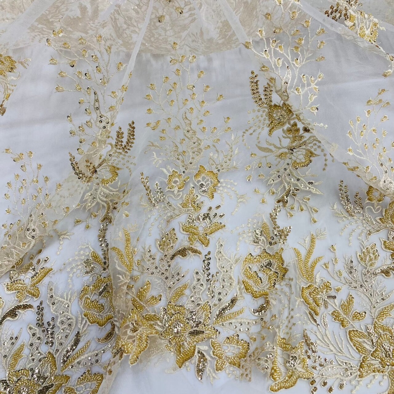 1 Yard Beaded Lace Fabric Embroidered on 100% Polyester Net Mesh, Gold, 52" Width, Premium Lace Fabric for Dresses & Crafts
